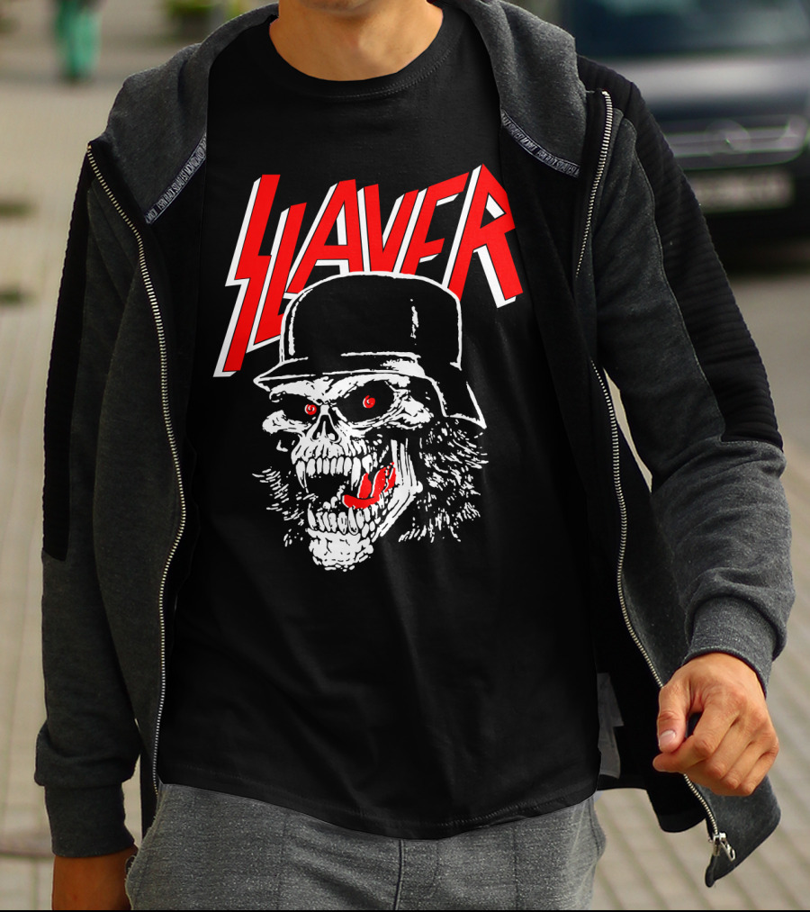 Slayer Skull With Helmet And Red Eyes T-Shirt