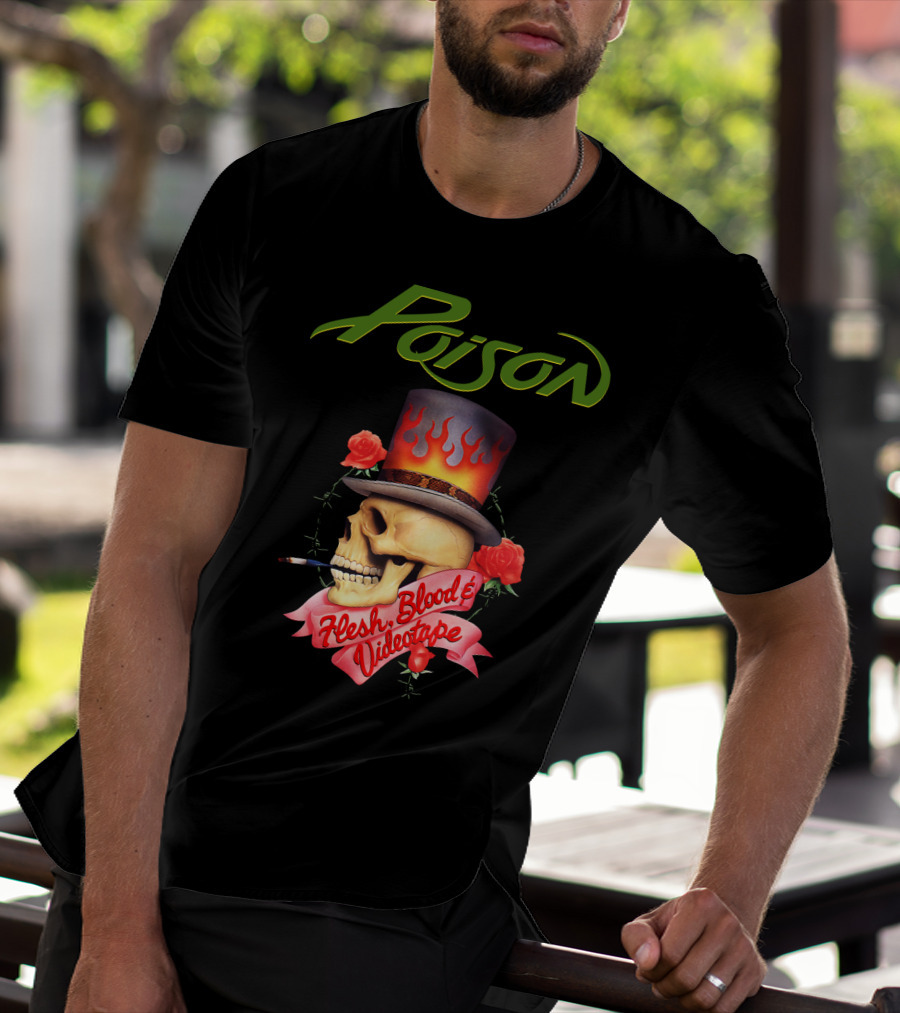 Poison Flesh Blood & Videotape Skull With Roses And Cigarette T-Shirt
