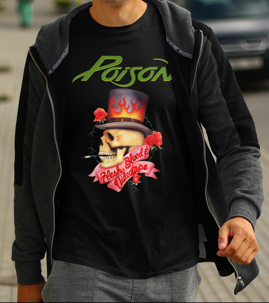 Poison Flesh Blood & Videotape Skull With Roses And Cigarette T-Shirt