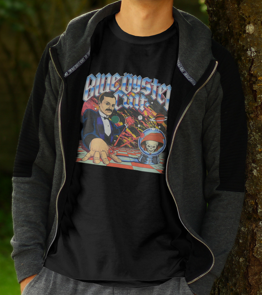 Blue Öyster Cult Science Fiction Cosmic Man And Alien Skull Planets T-Shirt