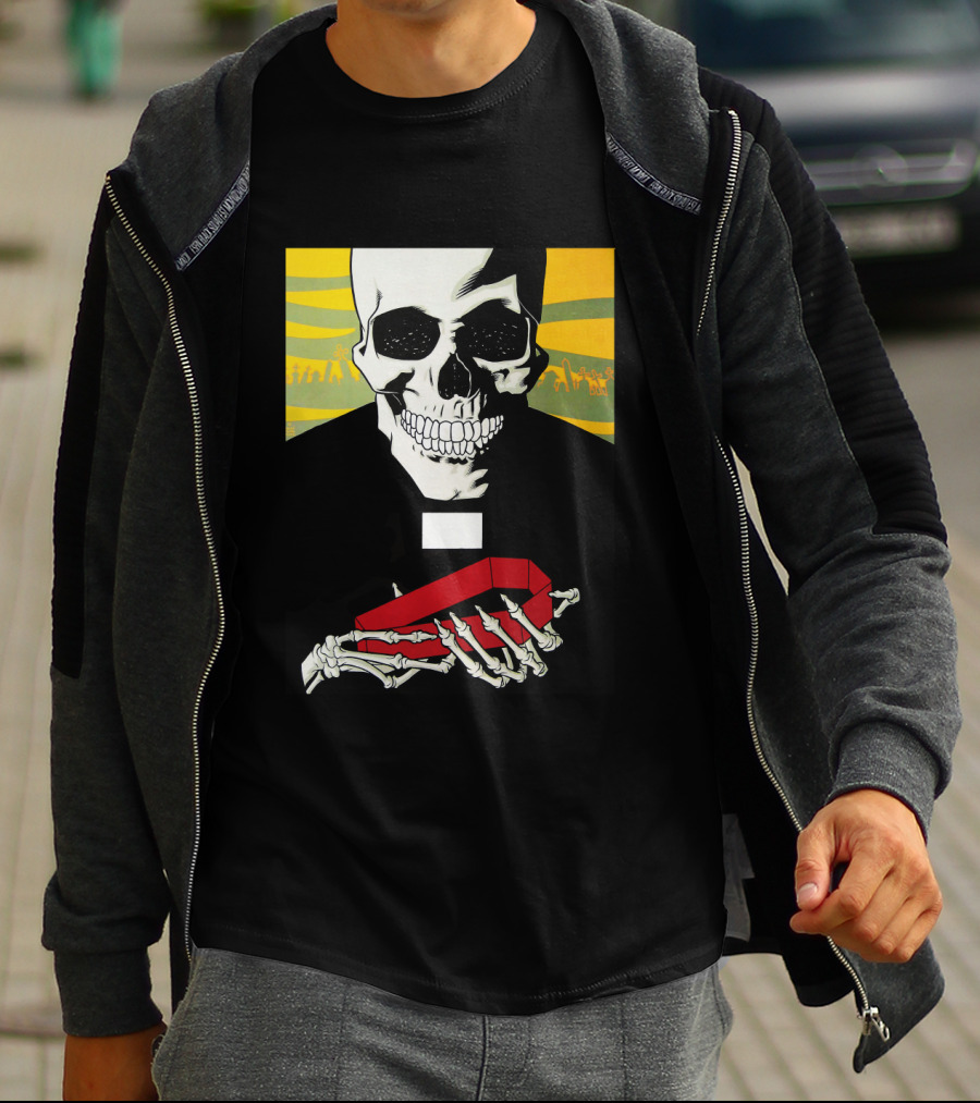 Bold Skeleton With Red Coffin On Striped Yellow T-Shirt
