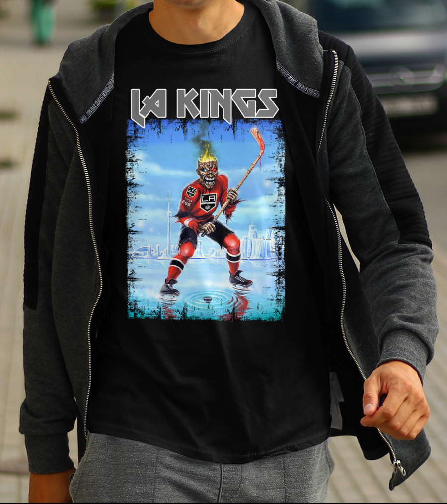 La Kings Fiery Hockey Player With Skyscraper T-Shirt