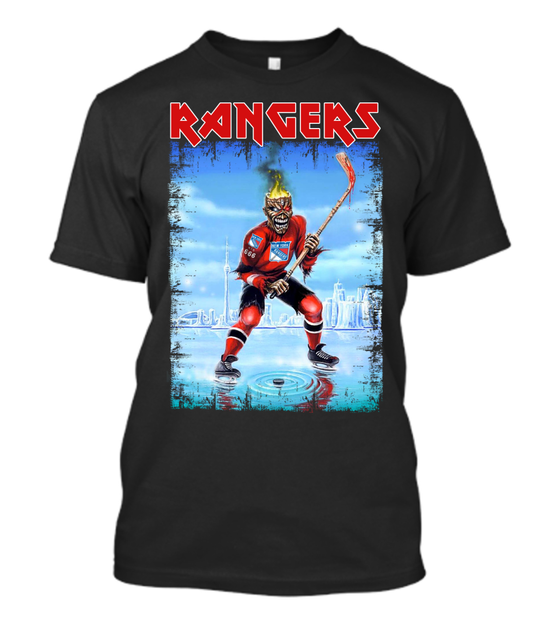 Rangers Hockey Skull Ice Fantasy Toronto Skyline T-Shirt