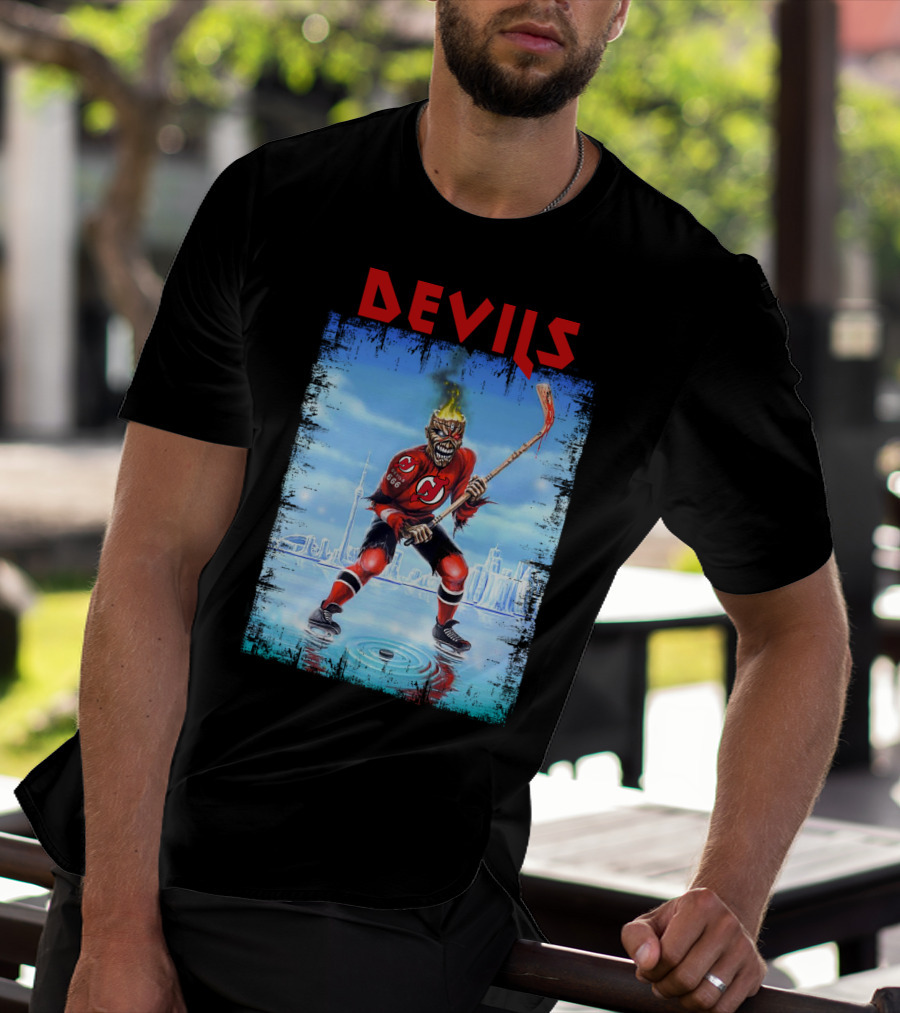 New Jersey Devils Hockey Fiery Demon Skater 666 City Skyline T-Shirt