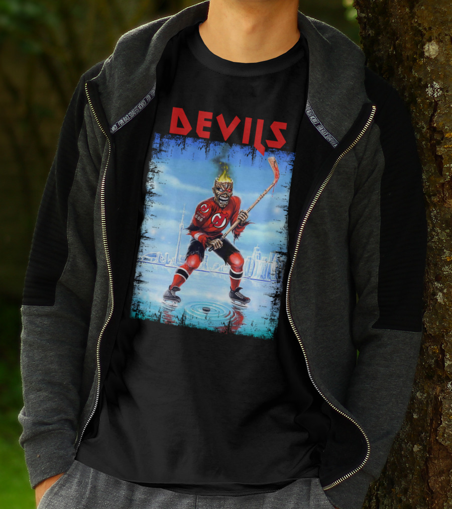 New Jersey Devils Hockey Fiery Demon Skater 666 City Skyline T-Shirt