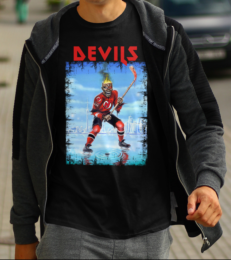 New Jersey Devils Hockey Fiery Demon Skater 666 City Skyline T-Shirt