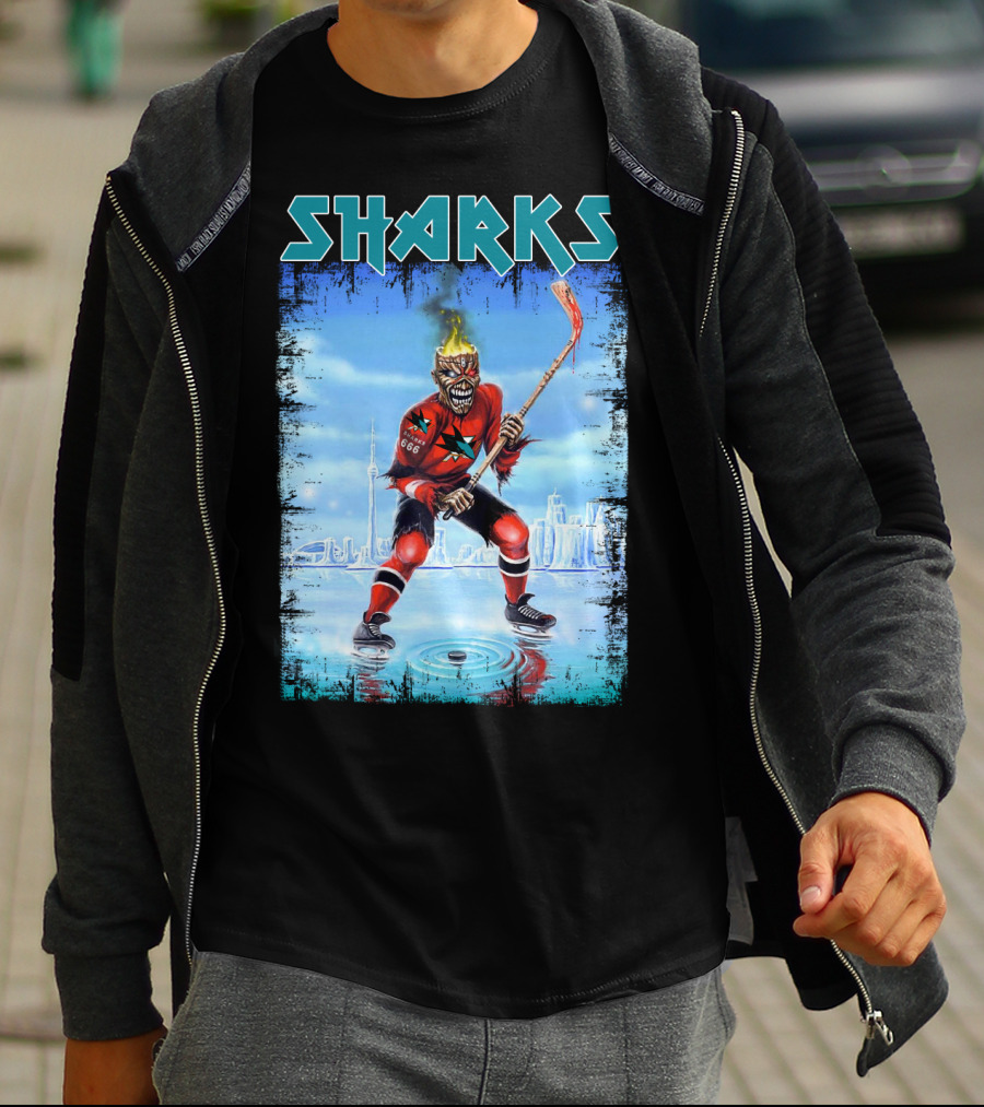 Sharks Hockey Fiery Skeleton Player On Ice T-Shirt