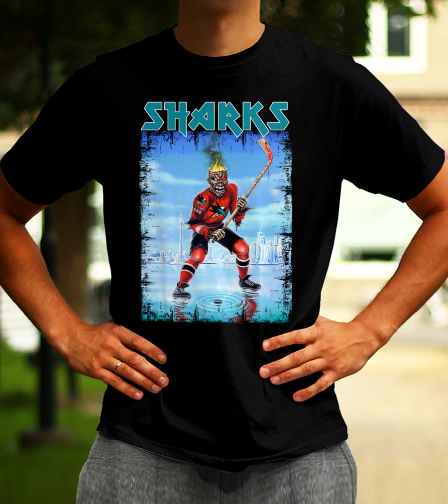 Sharks Hockey Fiery Skeleton Player On Ice T-Shirt