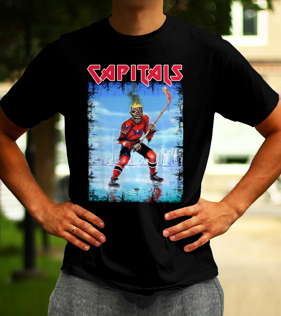 Capitals Hockey Player With Fiery Head And Hockey Stick On Ice With Cityscape T-Shirt
