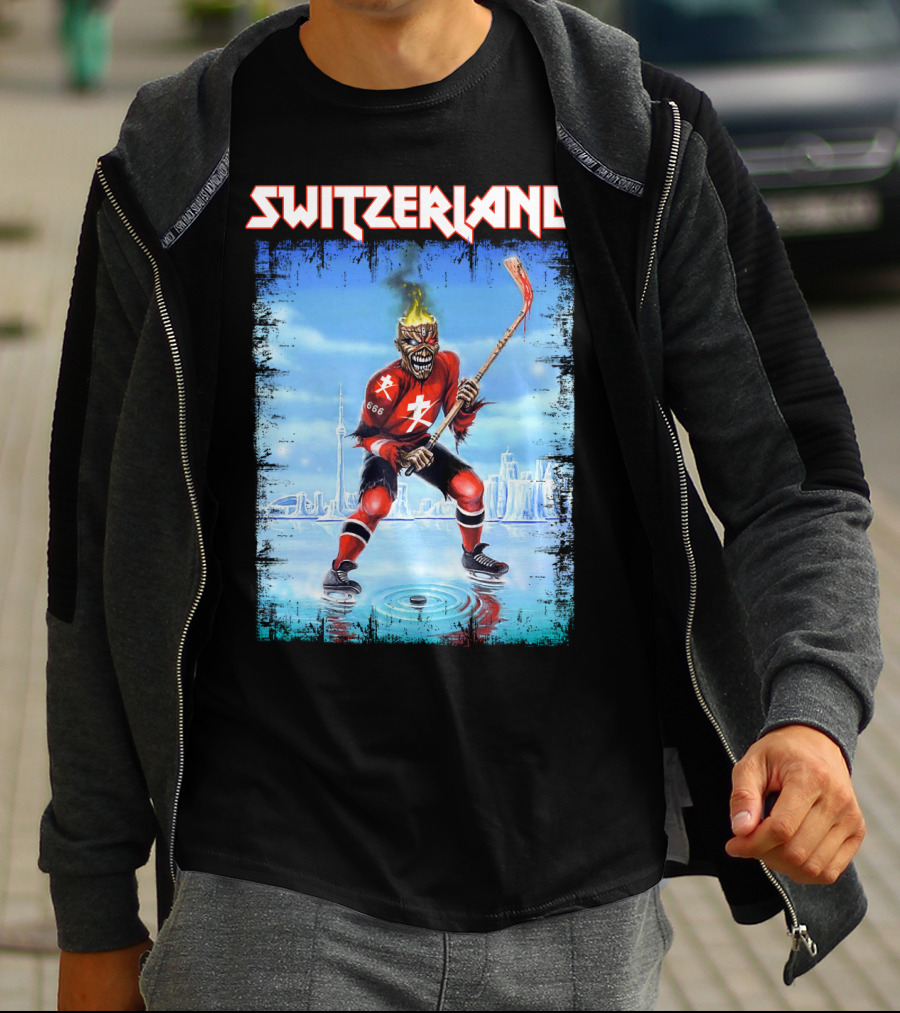 Switzerland Ice Hockey Skeleton With Flaming Head And Hockey Stick 666 Red Uniform Urban Ice Rink T-Shirt