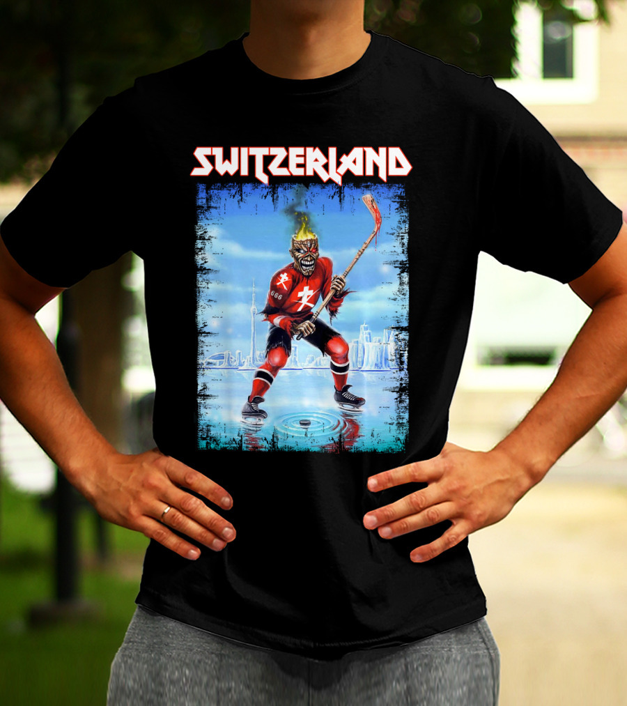 Switzerland Ice Hockey Skeleton With Flaming Head And Hockey Stick 666 Red Uniform Urban Ice Rink T-Shirt