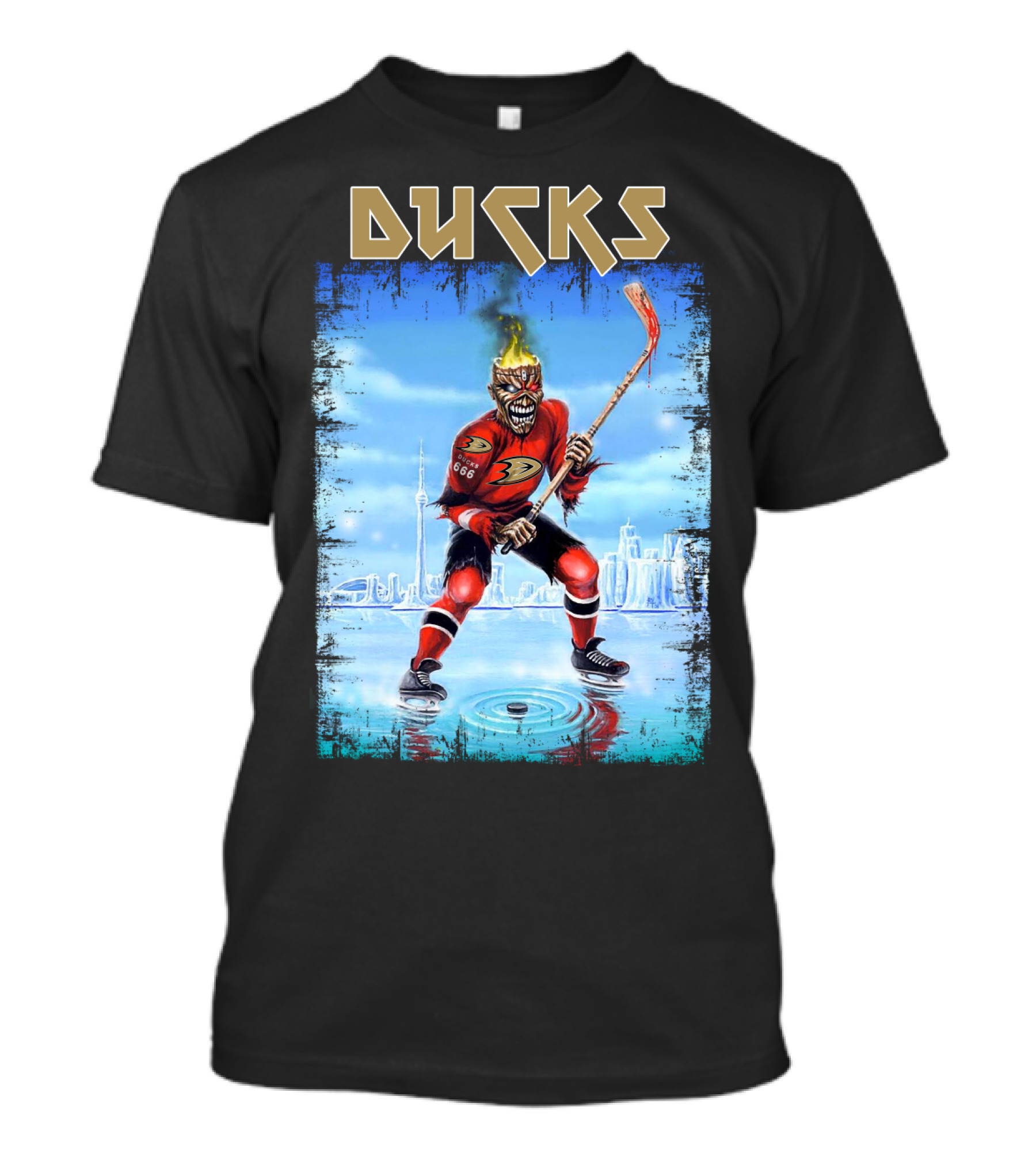 Ducks Hockey Player With Skeleton Face And Flaming Hair In Red Jersey T-Shirt