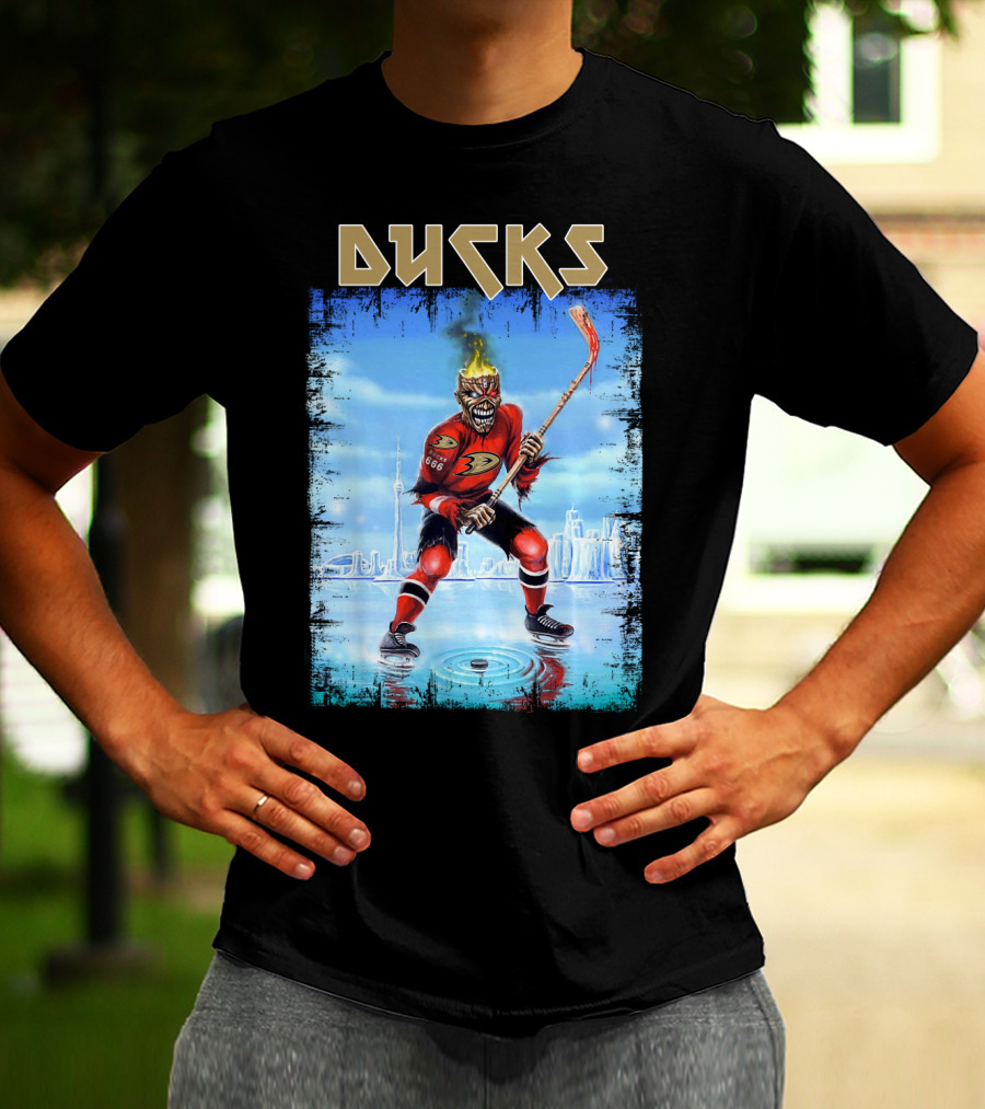 Ducks Hockey Player With Skeleton Face And Flaming Hair In Red Jersey T-Shirt
