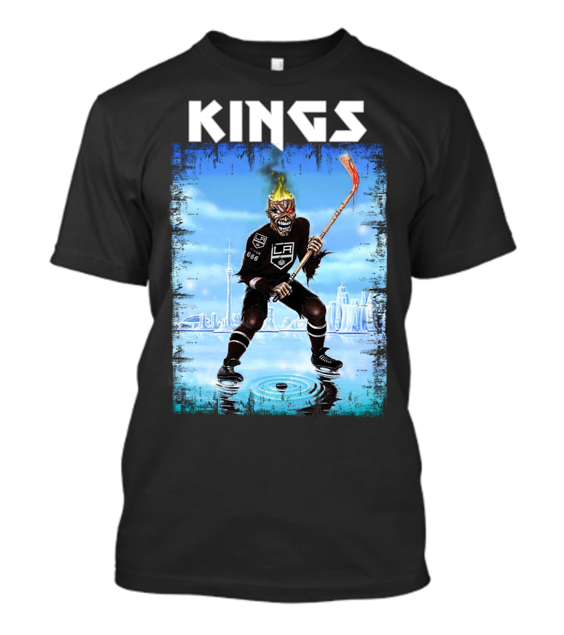 Kings Los Angeles Hockey Fiery Skull Player Ice Skating Scene T-Shirt