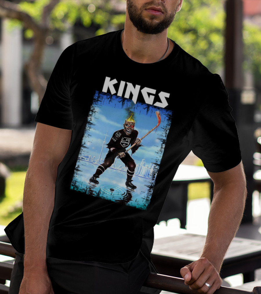 Kings Los Angeles Hockey Fiery Skull Player Ice Skating Scene T-Shirt