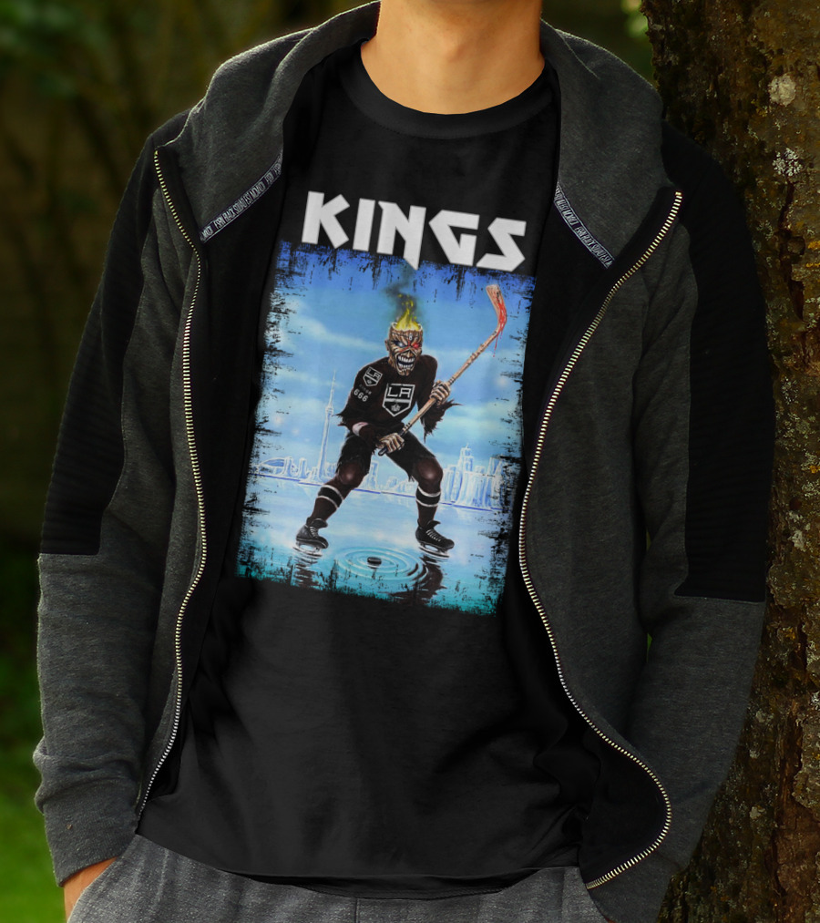 Kings Los Angeles Hockey Fiery Skull Player Ice Skating Scene T-Shirt