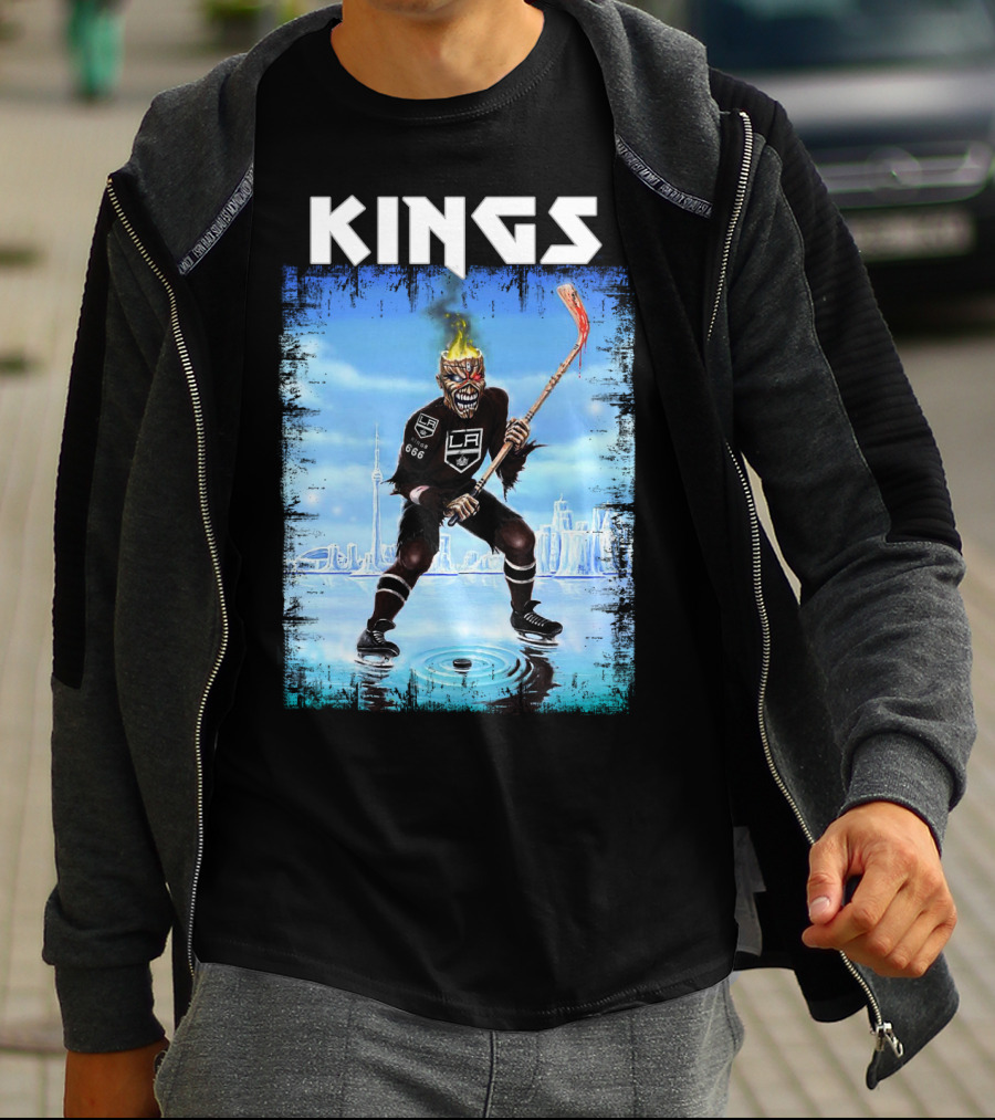 Kings Los Angeles Hockey Fiery Skull Player Ice Skating Scene T-Shirt