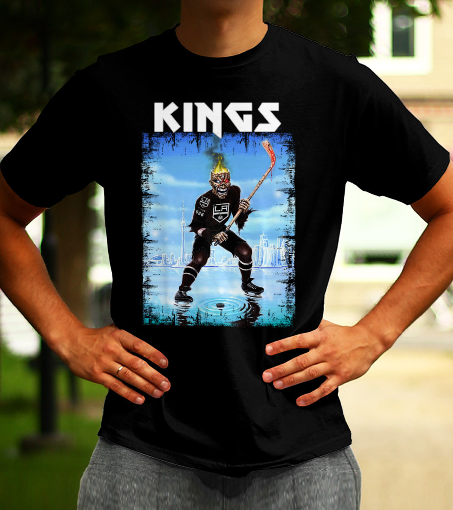 Kings Los Angeles Hockey Fiery Skull Player Ice Skating Scene T-Shirt