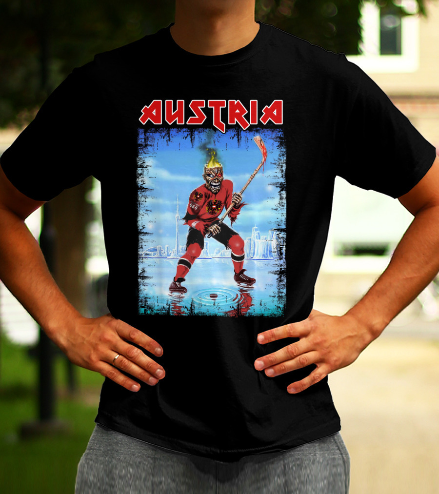 Austria Ice Hockey Burning Skull Fantasy Cityscape 666 Jersey T-Shirt