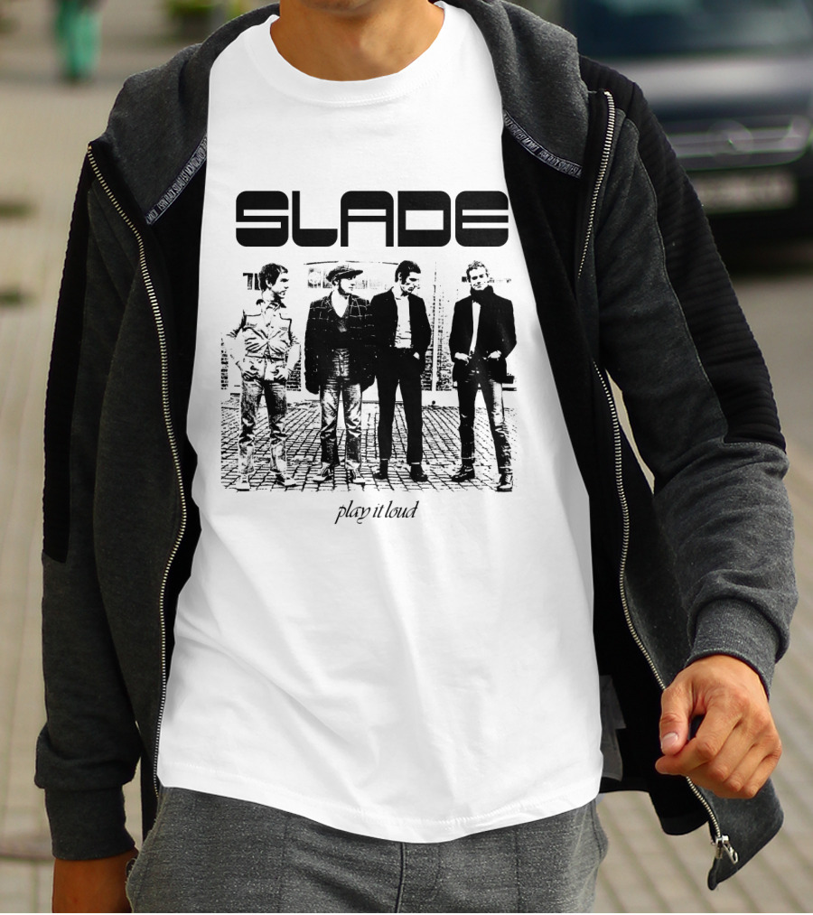 Slade Play It Loud Band Members Black And White Group Photo T-Shirt