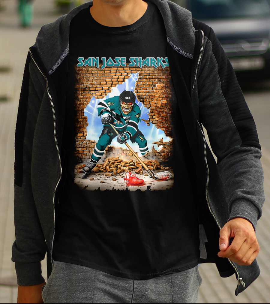 San Jose Sharks Skeleton Hockey Player Breaking Brick Wall T-Shirt