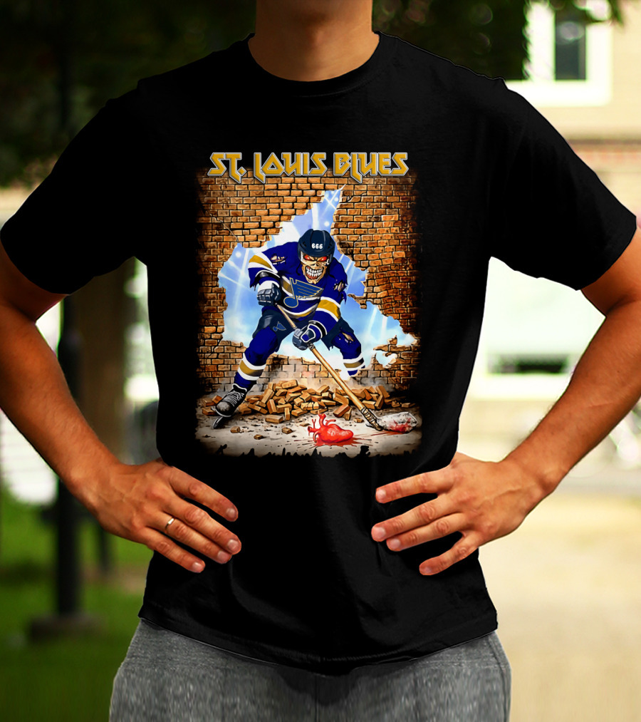 St. Louis Blues Hockey Skeleton Breaking Brick Wall T-Shirt