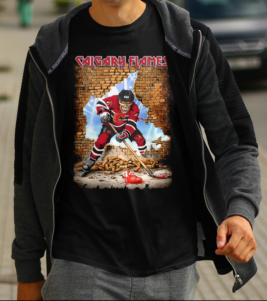 Calgary Flames Skeleton Hockey Player Breaking Through Wall T-Shirt
