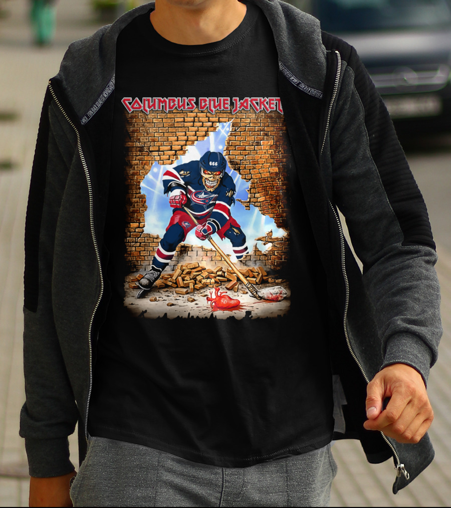 Columbus Blue Jackets Breaking Through Hockey Skeleton T-Shirt