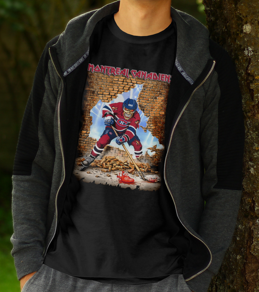 Montreal Canadiens Hockey Player Breaking Through Brick Wall With Heart And Skull Elements T-Shirt
