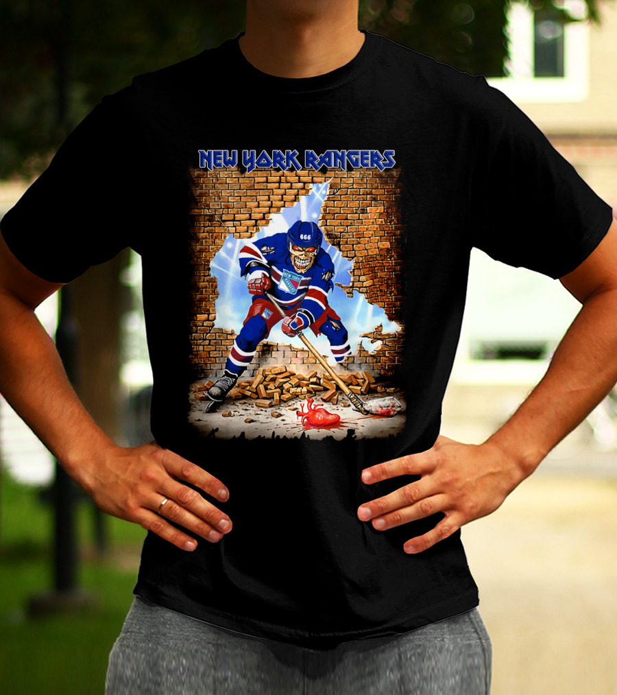 New York Rangers Hockey Skeleton Breaking Through Wall T-Shirt