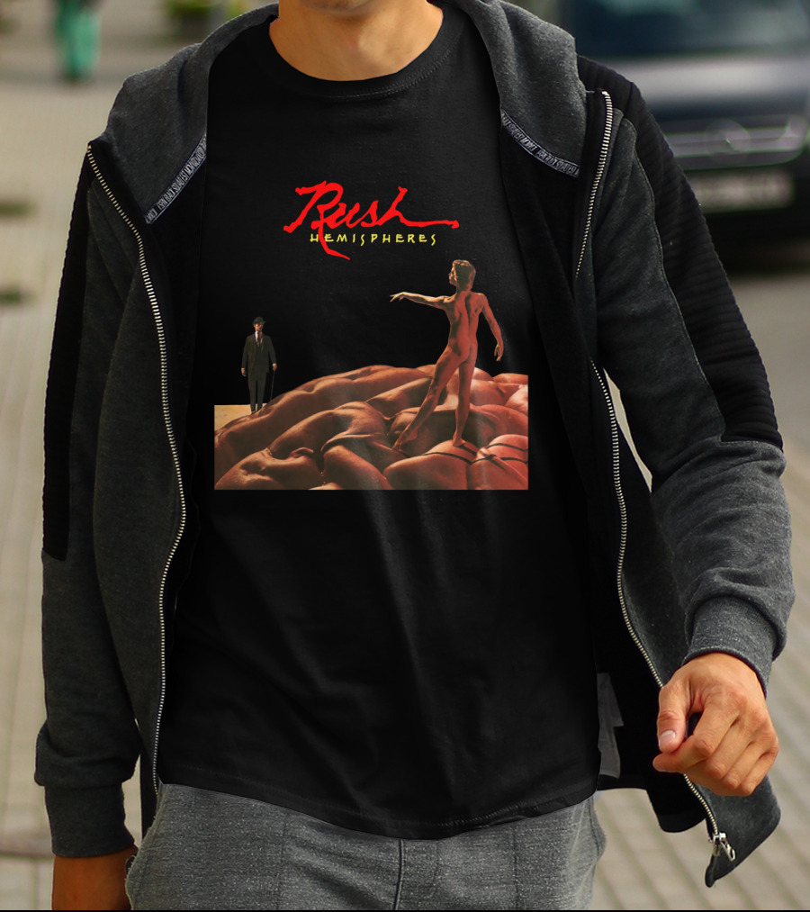 Rush Hemispheres Red Text Nude Figure On Brain With Man In Black Suit T-Shirt