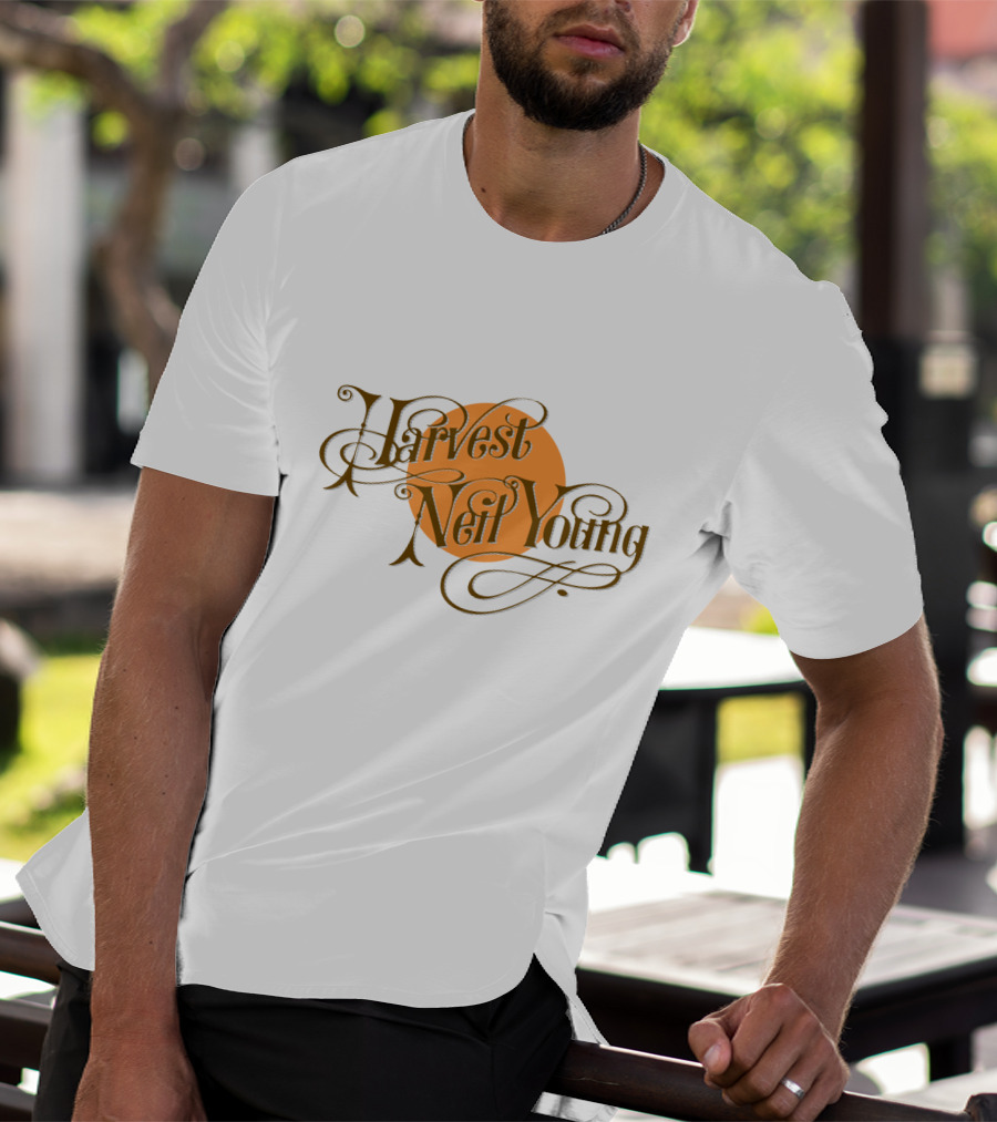 Neil Young Harvest Vintage Script Text With Orange Circle T-Shirt