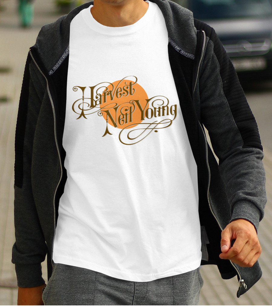 Neil Young Harvest Vintage Script Text With Orange Circle T-Shirt