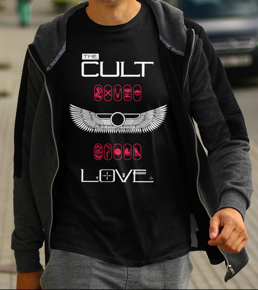 The Cult Love Album Egyptian Winged Symbols With Hieroglyphs Red And White T-Shirt