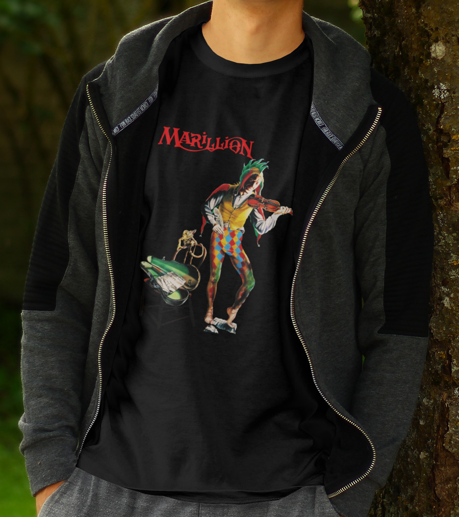 Marillion Script For A Jester's Tear Violin Playing Jester With Sheet Music And Harlequin Colors T-Shirt