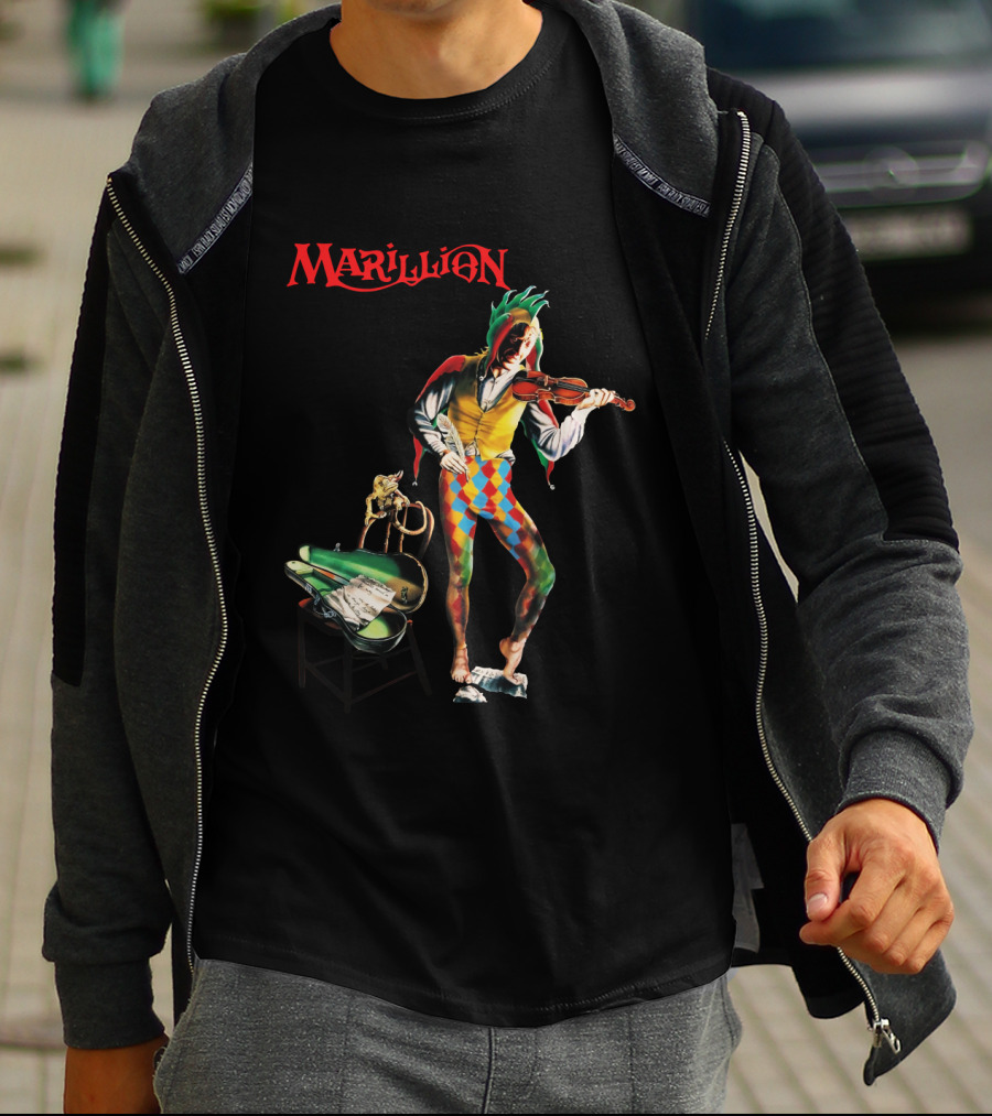 Marillion Script For A Jester's Tear Violin Playing Jester With Sheet Music And Harlequin Colors T-Shirt