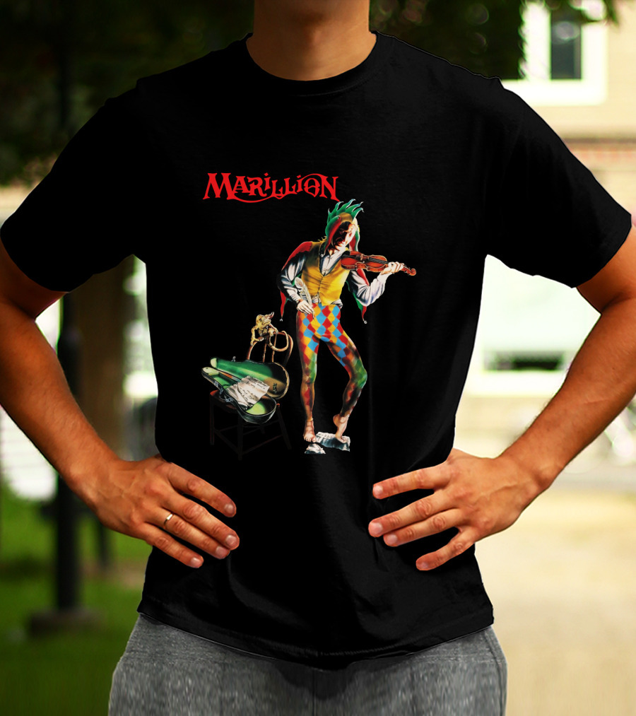 Marillion Script For A Jester's Tear Violin Playing Jester With Sheet Music And Harlequin Colors T-Shirt