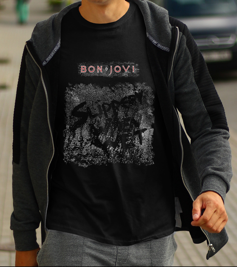 Bon Jovi Slippery When Wet 80s Rock Band Name Red Letters White Background T-Shirt