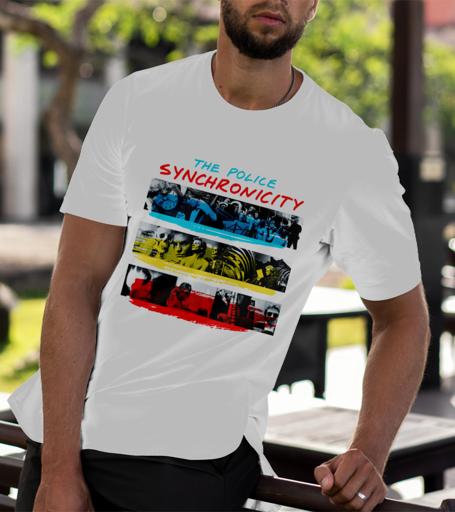 The Police Synchronicity Album Cover Art Blue Yellow Red Stripes T-Shirt