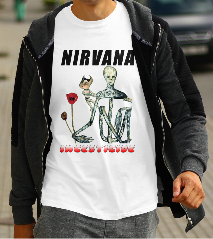 Nirvana Incesticide Album Cover Art With Surreal Skeleton Figure And Red Flowers T-Shirt