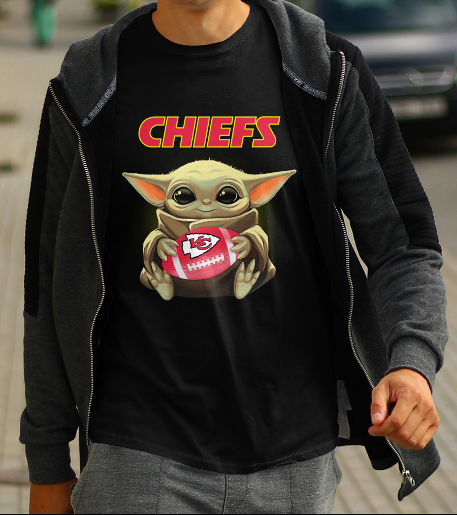 Chiefs Baby Yoda Holding Kansas City Football T-Shirt