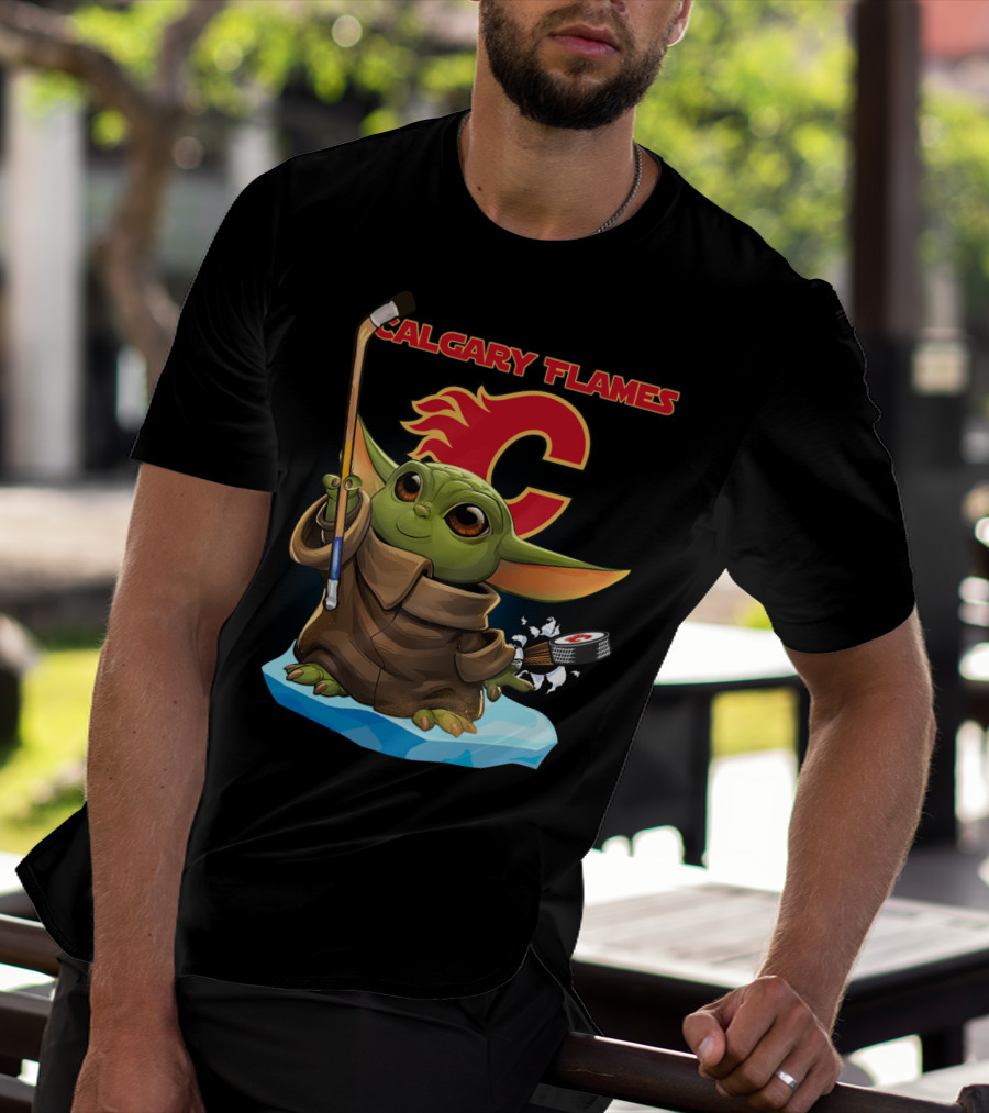 Calgary Flames Baby Yoda Nhl Hockey Crossover T-Shirt