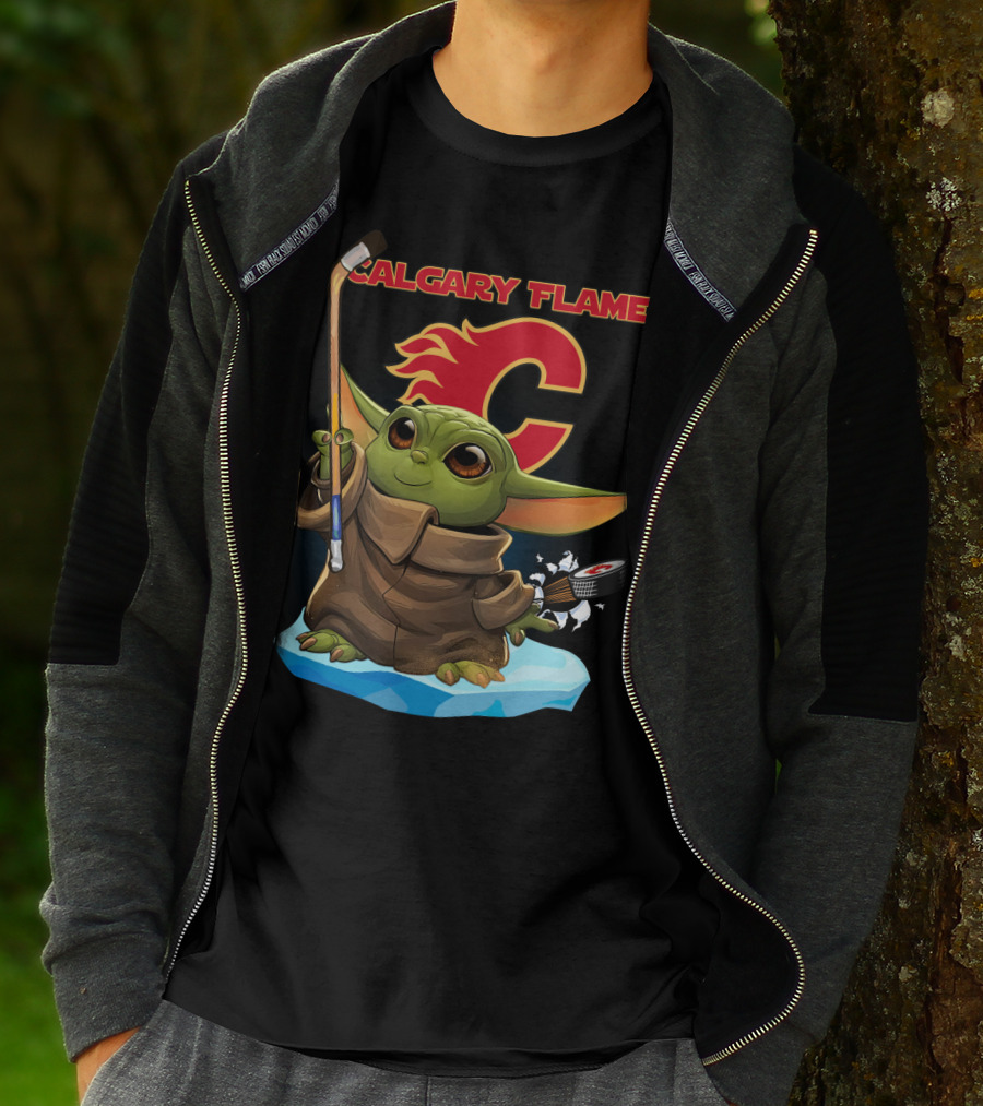 Calgary Flames Baby Yoda Nhl Hockey Crossover T-Shirt