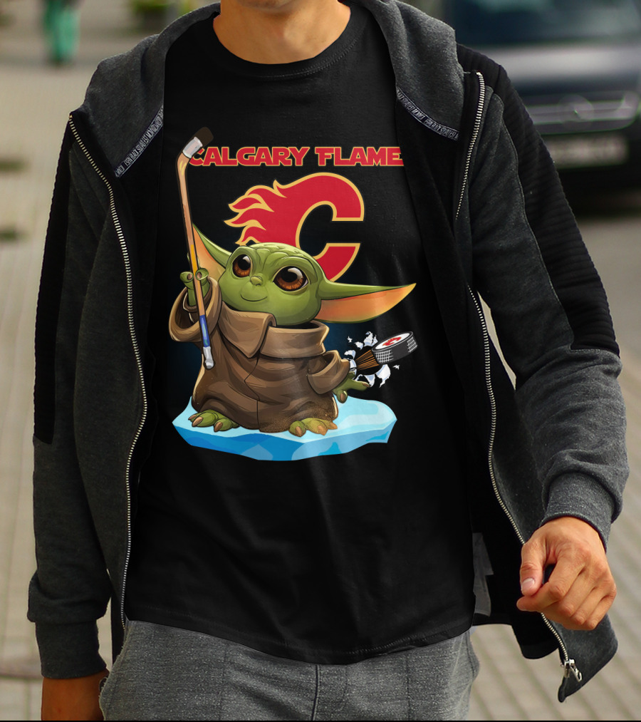 Calgary Flames Baby Yoda Nhl Hockey Crossover T-Shirt