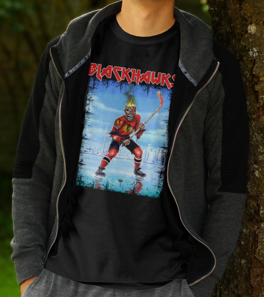 Blackhawks Chicago Ice Hockey Skeleton Figure Skating On Cityscape T-Shirt
