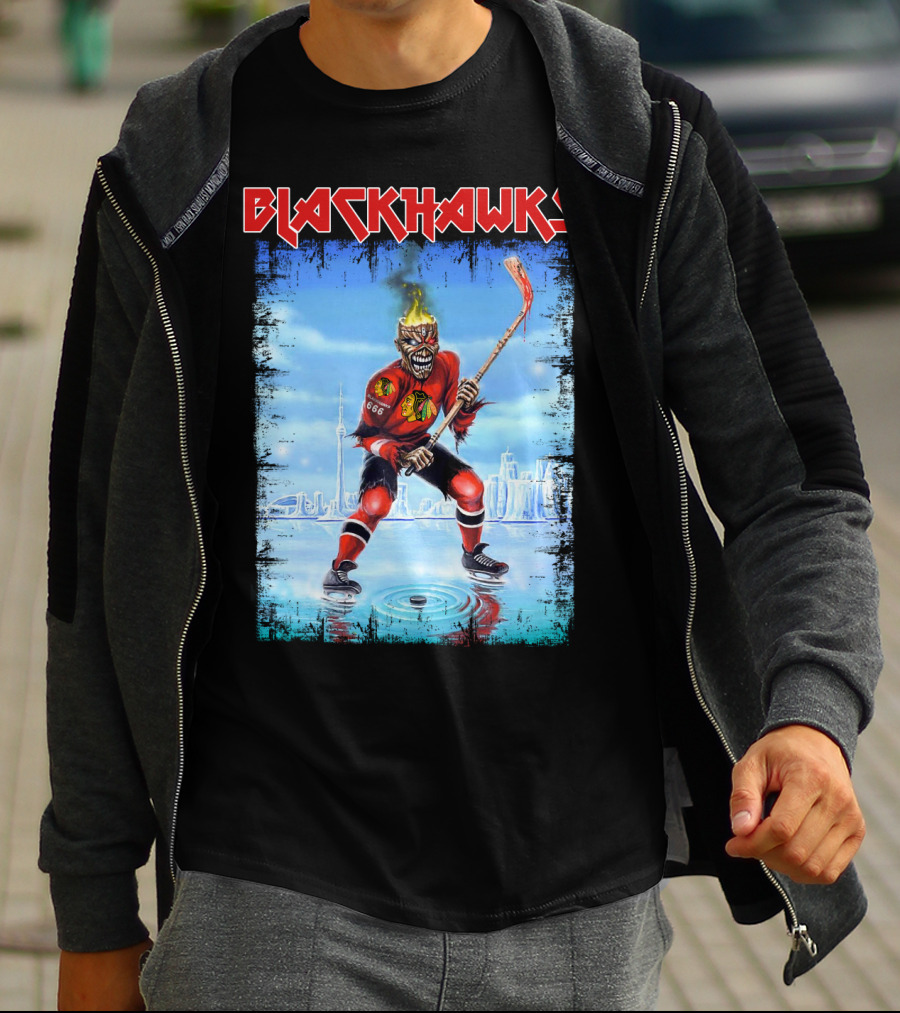 Blackhawks Chicago Ice Hockey Skeleton Figure Skating On Cityscape T-Shirt