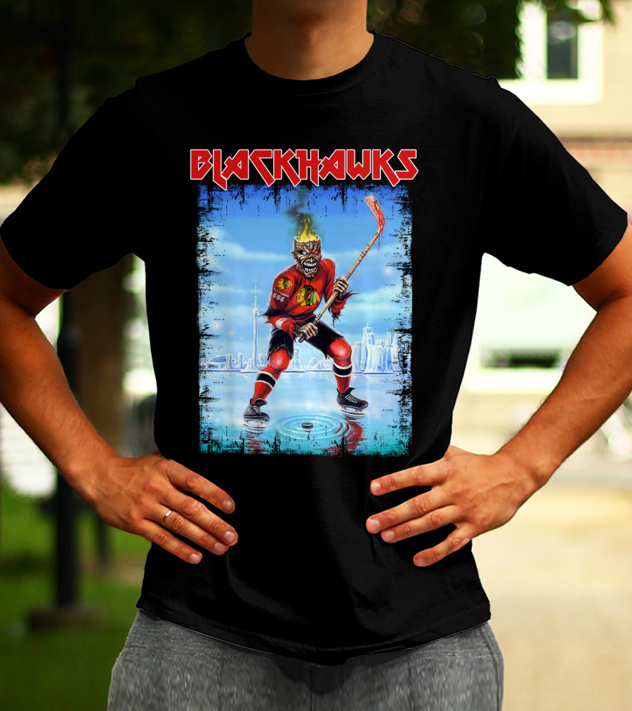 Blackhawks Chicago Ice Hockey Skeleton Figure Skating On Cityscape T-Shirt