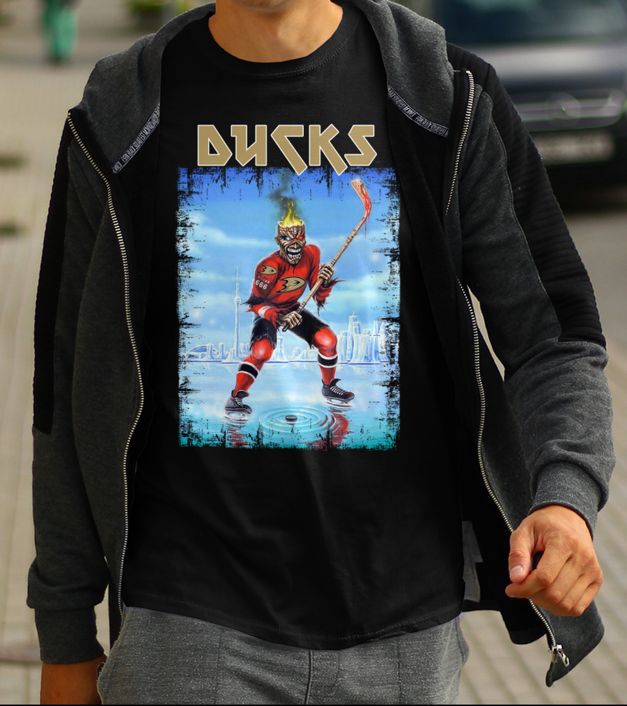 Anaheim Ducks Hockey Skeleton Warrior Skating On Ice T-Shirt