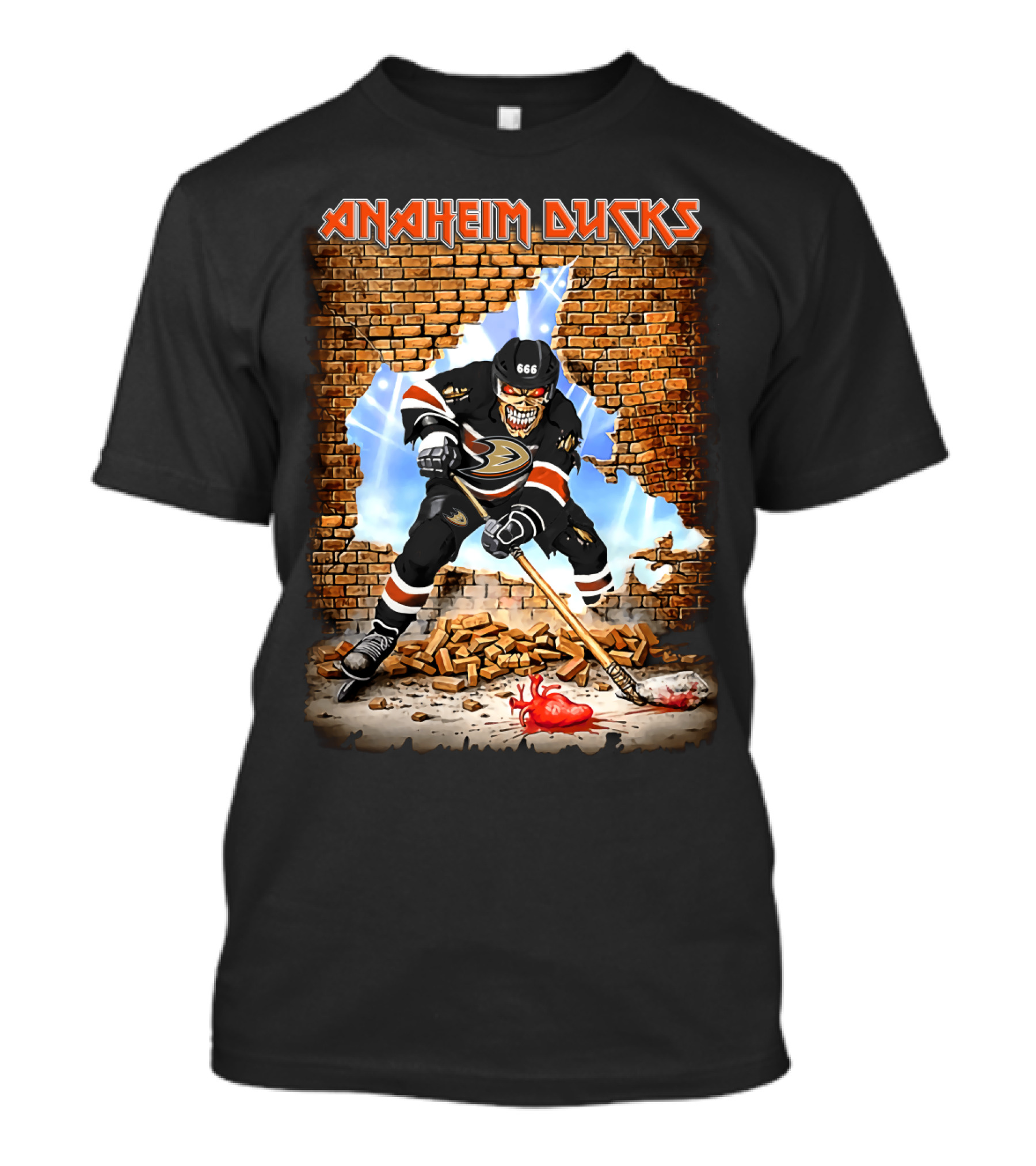 Anaheim Ducks Hockey Player Breaking Through Wall With Skeleton Face Jersey Number 666 T-Shirt