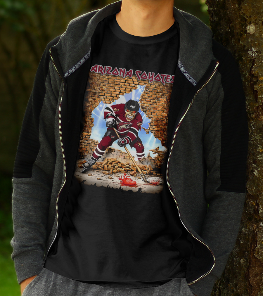 Arizona Coyotes Hockey Skeleton Player Breaking Through Brick Wall T-Shirt
